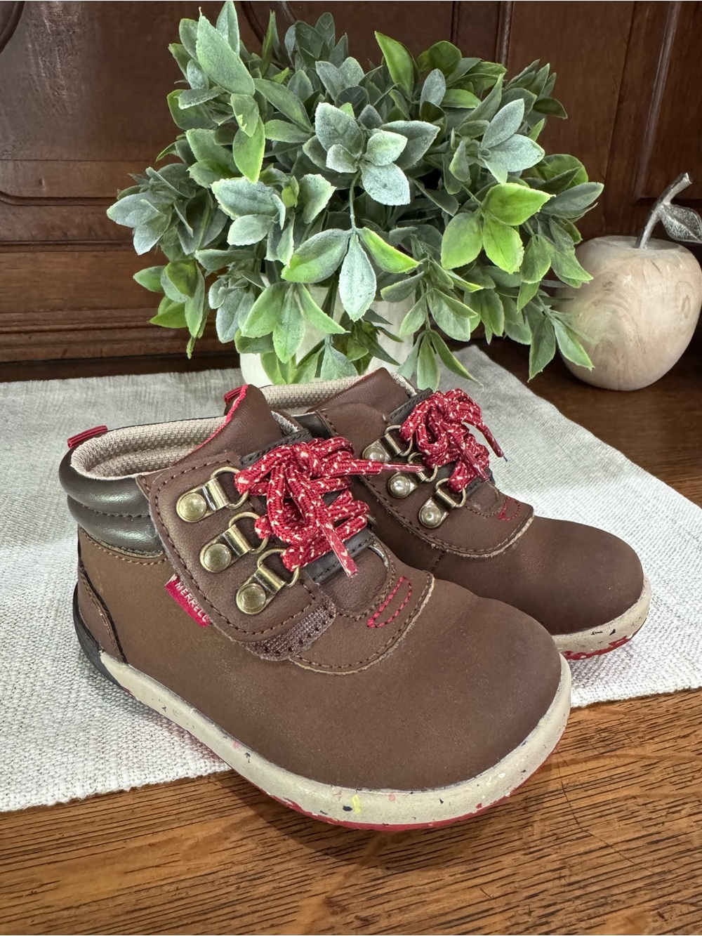 Merrell Brown Kids Hiking Boots with Red Laces